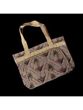 Vintage Tapestry Tote Bag Beige Green Palm Tree Travel Luggage Bovano USA